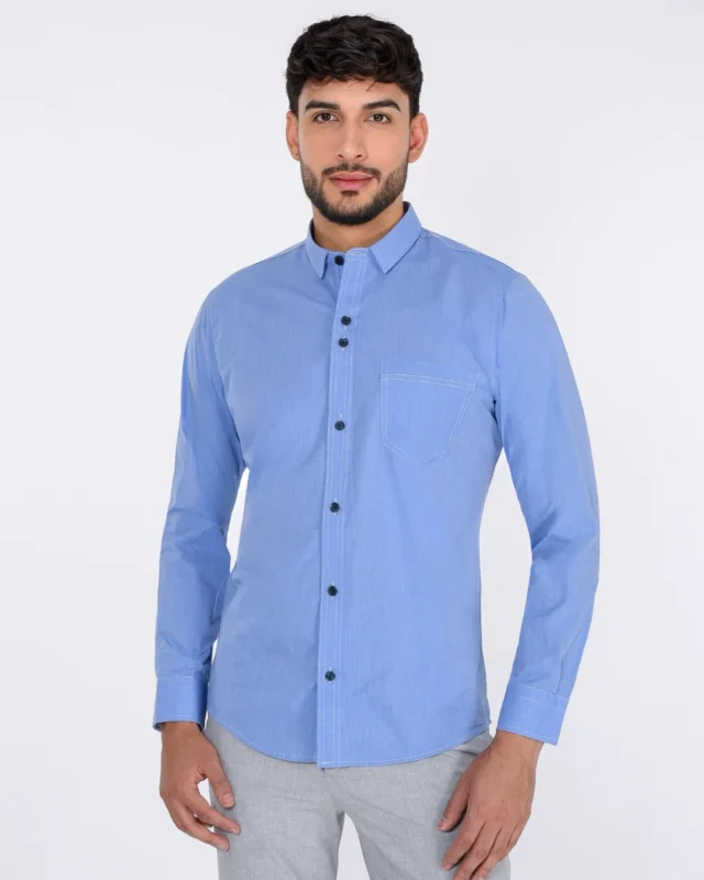 camisa unicolor manga larga camisa fin de semana hombre azul frances
