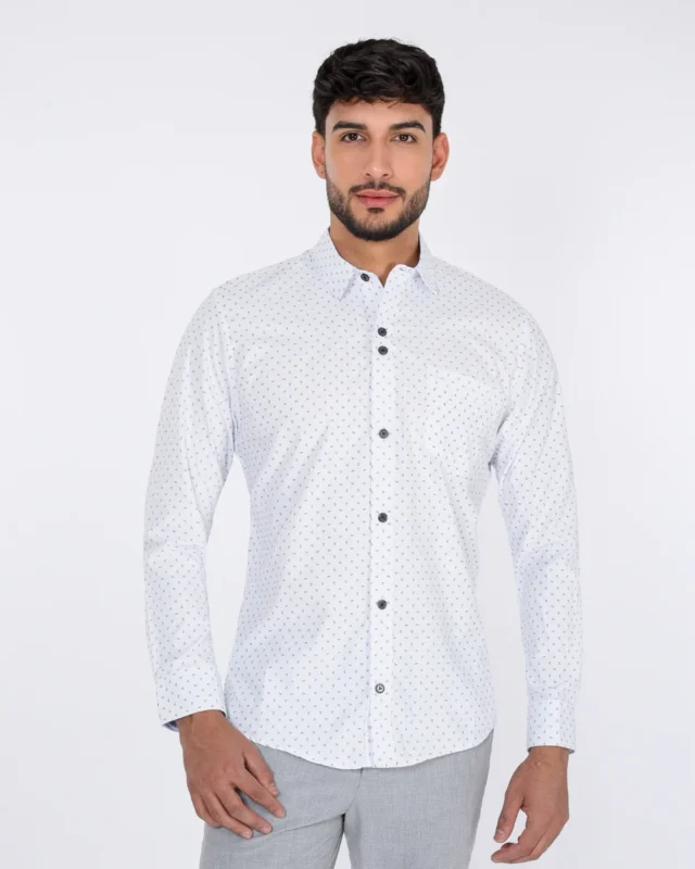 camisa unicolor manga larga camisa fin de semana hombre blanco microprint gris